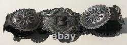 Great Vintage Navajo Indian Leather Ladies Belt With Repousse Silver Conchos