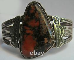 Great Vintage Navajo Indian Silver Big Petrified Wood Agate Cuff Bracelet