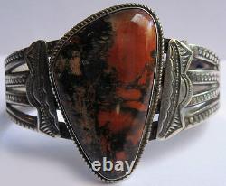 Great Vintage Navajo Indian Silver Big Petrified Wood Agate Cuff Bracelet