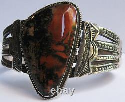 Great Vintage Navajo Indian Silver Big Petrified Wood Agate Cuff Bracelet