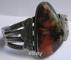 Great Vintage Navajo Indian Silver Big Petrified Wood Agate Cuff Bracelet