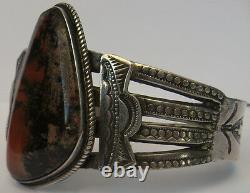Great Vintage Navajo Indian Silver Big Petrified Wood Agate Cuff Bracelet