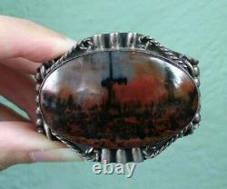 Great Vintage Navajo Indian Silver Scenic Petrified Wood Cuff Bracelet