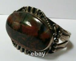 Great Vintage Navajo Indian Silver Scenic Petrified Wood Cuff Bracelet