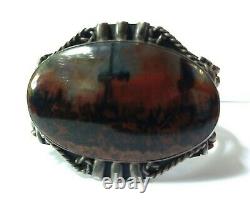 Great Vintage Navajo Indian Silver Scenic Petrified Wood Cuff Bracelet