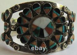 Great Vintage Zuni Indian Silver Inlay Coral Turquoise Onyx Shell Cuff Bracelet