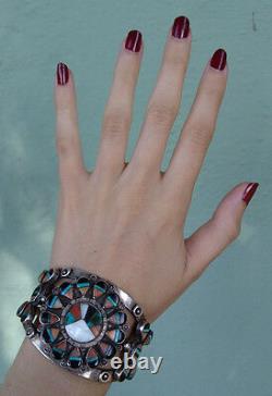 Great Vintage Zuni Indian Silver Inlay Coral Turquoise Onyx Shell Cuff Bracelet