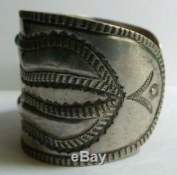 Great Wide 1930's Vintage Navajo Indian Repousee Silver Turquoise Cuff Bracelet