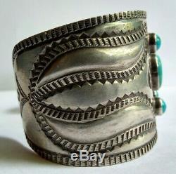 Great Wide 1930's Vintage Navajo Indian Repousee Silver Turquoise Cuff Bracelet