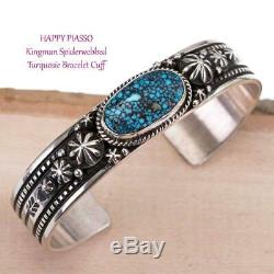 HAPPY PIASSO Turquoise Bracelet Sterling Silver Natural Navajo Kingman Spiderweb