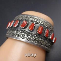 HERBERT RATION Vintage NAVAJO Sterling Silver OLD RED MED CORAL Cuff BRACELET