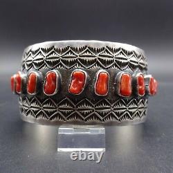 HERBERT RATION Vintage NAVAJO Sterling Silver OLD RED MED CORAL Cuff BRACELET