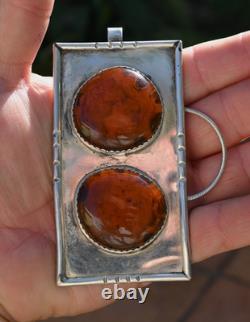 HUGE (4 X 2 inch) Unique Vintage Native American Amber & Sterling Silver 92 grms