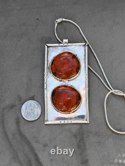 HUGE (4 X 2 inch) Unique Vintage Native American Amber & Sterling Silver 92 grms