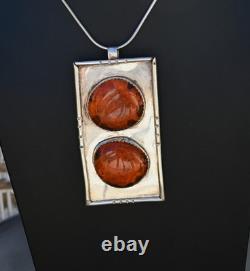 HUGE (4 X 2 inch) Unique Vintage Native American Amber & Sterling Silver 92 grms