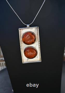 HUGE (4 X 2 inch) Unique Vintage Native American Amber & Sterling Silver 92 grms