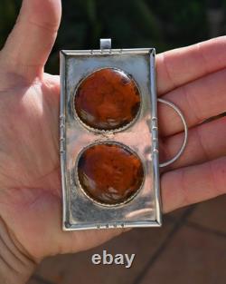 HUGE (4 X 2 inch) Unique Vintage Native American Amber & Sterling Silver 92 grms