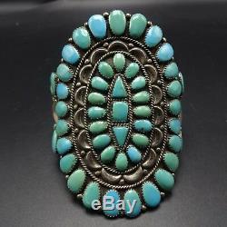 HUGE Signed Vintage ZUNI Sterling Silver TURQUOISE Cluster Cuff BRACELET 70g