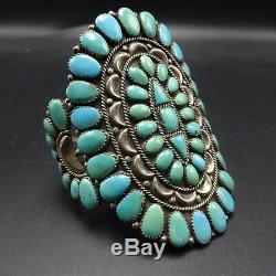 HUGE Signed Vintage ZUNI Sterling Silver TURQUOISE Cluster Cuff BRACELET 70g