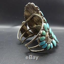 HUGE Signed Vintage ZUNI Sterling Silver TURQUOISE Cluster Cuff BRACELET 70g