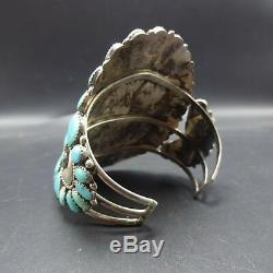 HUGE Signed Vintage ZUNI Sterling Silver TURQUOISE Cluster Cuff BRACELET 70g