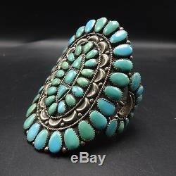 HUGE Signed Vintage ZUNI Sterling Silver TURQUOISE Cluster Cuff BRACELET 70g