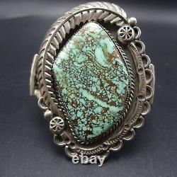 HUGE Vintage NAVAJO Hand-Stamped Sterling Silver TURQUOISE Cuff BRACELET 78.2g