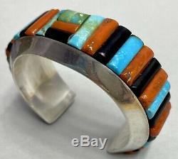 HUGE Vintage Navajo Sterling Silver Turquoise Multi-stone Cornrow Cuff Bracelet