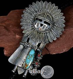 HUGE Vintage Old Pawn Navajo TURQUOISE KACHINA 3D Sterling BOLO TIE