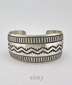 HUGE Vtg Nora Bill Navajo Sterling Silver Deep Stamped Wide Cuff Bracelet 61.2g