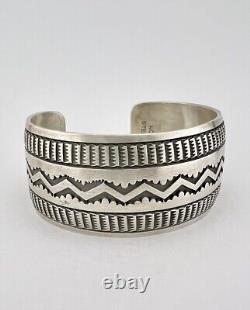 HUGE Vtg Nora Bill Navajo Sterling Silver Deep Stamped Wide Cuff Bracelet 61.2g