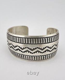 HUGE Vtg Nora Bill Navajo Sterling Silver Deep Stamped Wide Cuff Bracelet 61.2g