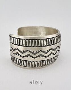 HUGE Vtg Nora Bill Navajo Sterling Silver Deep Stamped Wide Cuff Bracelet 61.2g