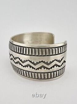 HUGE Vtg Nora Bill Navajo Sterling Silver Deep Stamped Wide Cuff Bracelet 61.2g