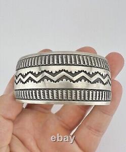 HUGE Vtg Nora Bill Navajo Sterling Silver Deep Stamped Wide Cuff Bracelet 61.2g