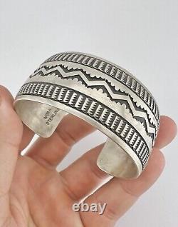 HUGE Vtg Nora Bill Navajo Sterling Silver Deep Stamped Wide Cuff Bracelet 61.2g