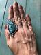 HUGE Vtg Sterling Navajo Gorgeous Blue Turquoise Black Matrix Ring Sz 10.75 16g