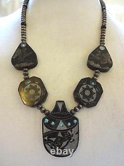 Hand Carved NATIVE AMERICAN Black Buffalo Horn SCRIMSHAW NECKLACE Navajo Pearls