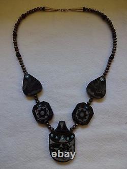 Hand Carved NATIVE AMERICAN Black Buffalo Horn SCRIMSHAW NECKLACE Navajo Pearls