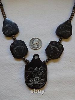 Hand Carved NATIVE AMERICAN Black Buffalo Horn SCRIMSHAW NECKLACE Navajo Pearls