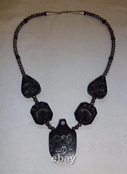 Hand Carved NATIVE AMERICAN Black Buffalo Horn SCRIMSHAW NECKLACE Navajo Pearls