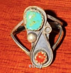 Handmade Vintage Native American Navajo Turquoise and Coral Ring Unique Jewelry
