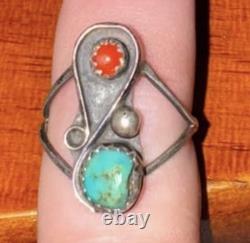 Handmade Vintage Native American Navajo Turquoise and Coral Ring Unique Jewelry
