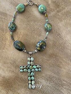 Handmade Vintage Navajo Turquoise 4 Cross Necklace Silver Chunky