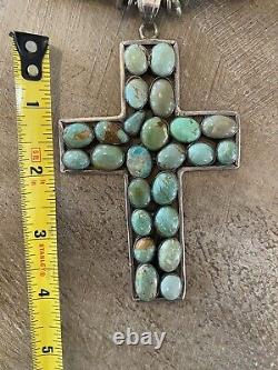 Handmade Vintage Navajo Turquoise 4 Cross Necklace Silver Chunky