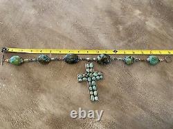 Handmade Vintage Navajo Turquoise 4 Cross Necklace Silver Chunky