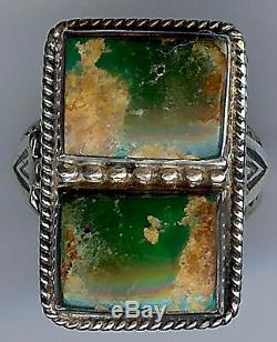Handsome Vintage Navajo Indian Silver Green Turquoise Rectangles Ring Size 5