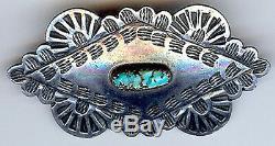 Handsome Vintage Navajo Indian Stamped Silver Turquoise Pin Brooch