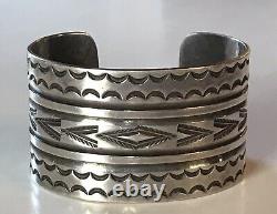 Handsome Wide Vintage Navajo Indian Stampwork Silver Cuff Bracelet