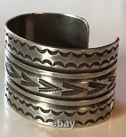 Handsome Wide Vintage Navajo Indian Stampwork Silver Cuff Bracelet